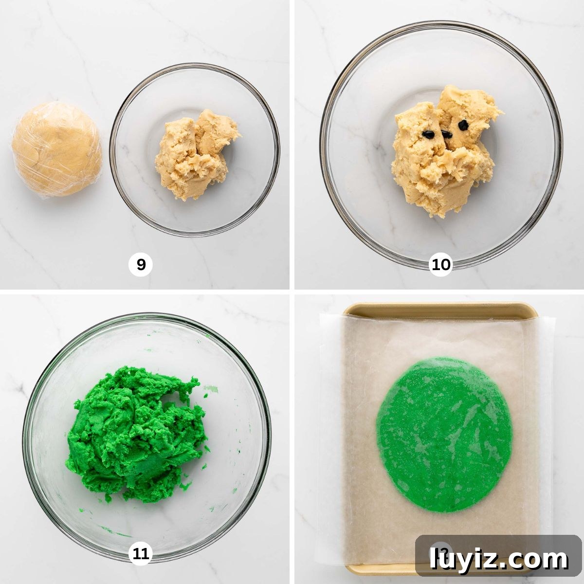 Festive Slice-and-Bake Cookies for Holiday Baking 8 Dividing cookie dough and coloring one third of it green in a glass mixing bowl then rolling it out flat between two sheets of wax paper on a white marbled background.