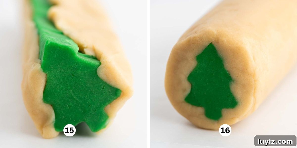 Festive Slice-and-Bake Cookies for Holiday Baking 10 Placing cookie dough around the Christmas tree center to form the cookie dough log on a sheet of wax paper.