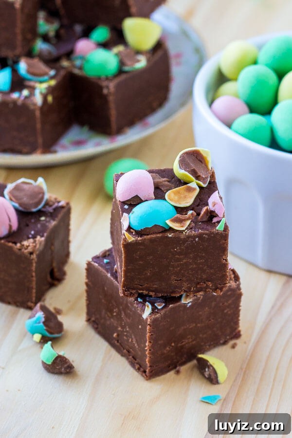 Chocolate fudge sprinkled with miniature eggs - perfect for Easter.