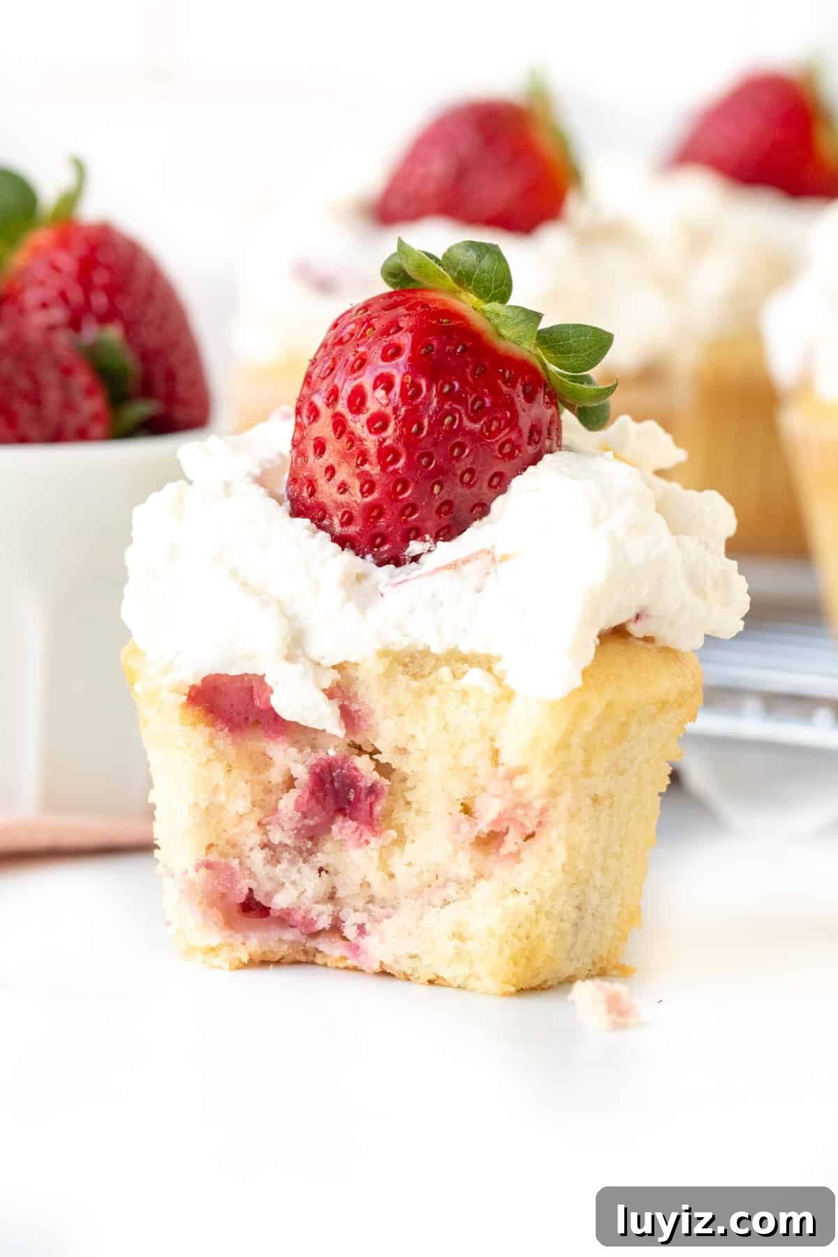 Strawberry Cream Cupcakes Recipe: Light, Fresh & Frosted 3 Strawberry cupcake topped with whipped cream and a strawberry with a bite taken out