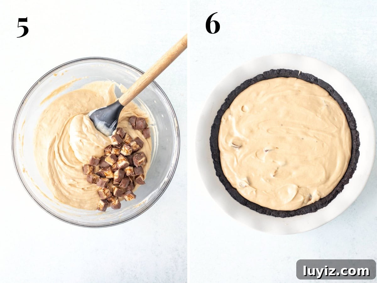 Decadent Snickers Pie Recipe — Chocolate Caramel Peanut Tart 7 Snickers pie filling with chopped Snickers and pie from above