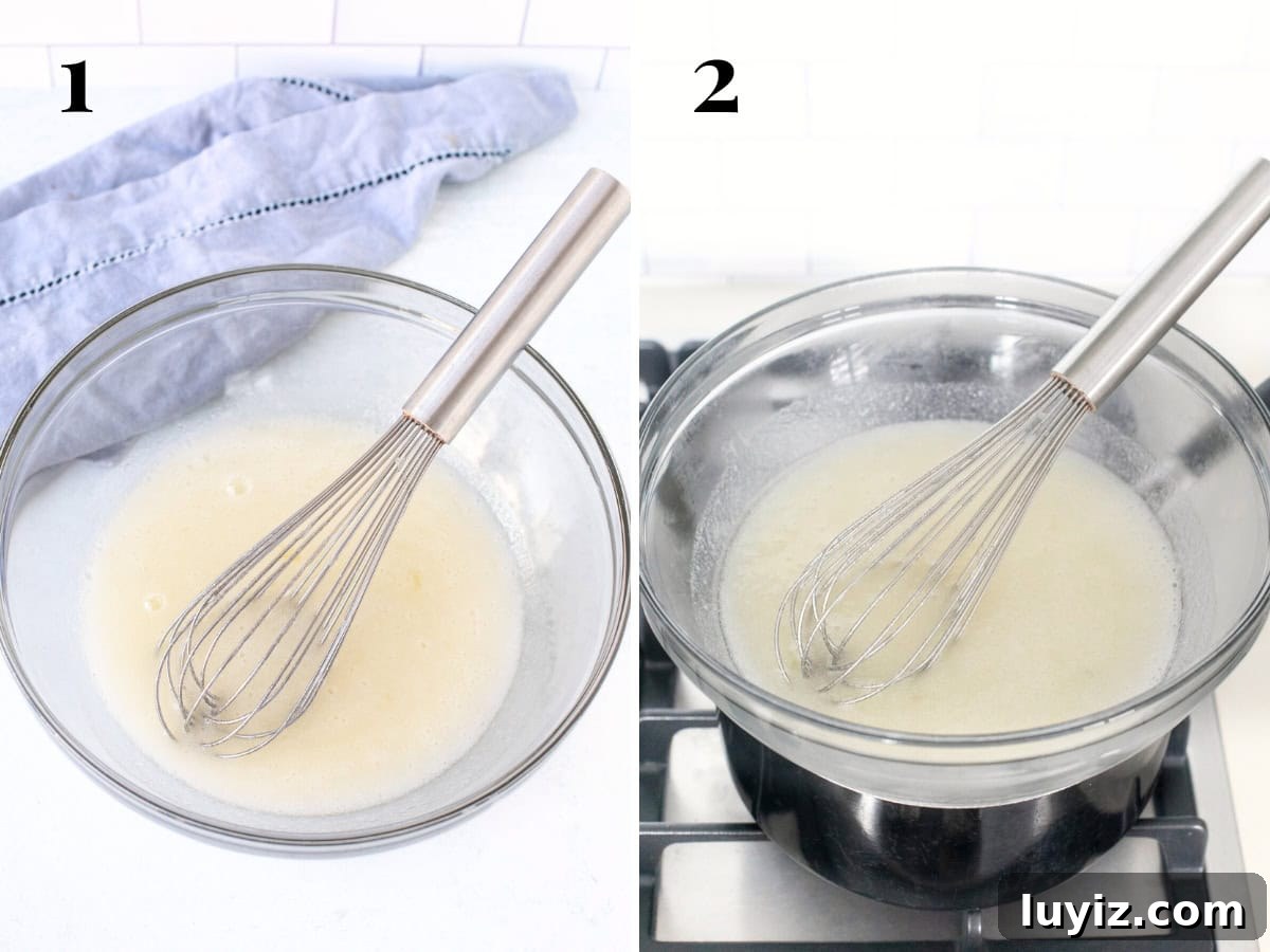 Swiss Meringue Buttercream Recipe: Smooth, Silky Frosting Guide 3 Bowl of egg whites and sugar whisked together, and bowl of egg whites and sugar over a saucepan of gently simmering water
