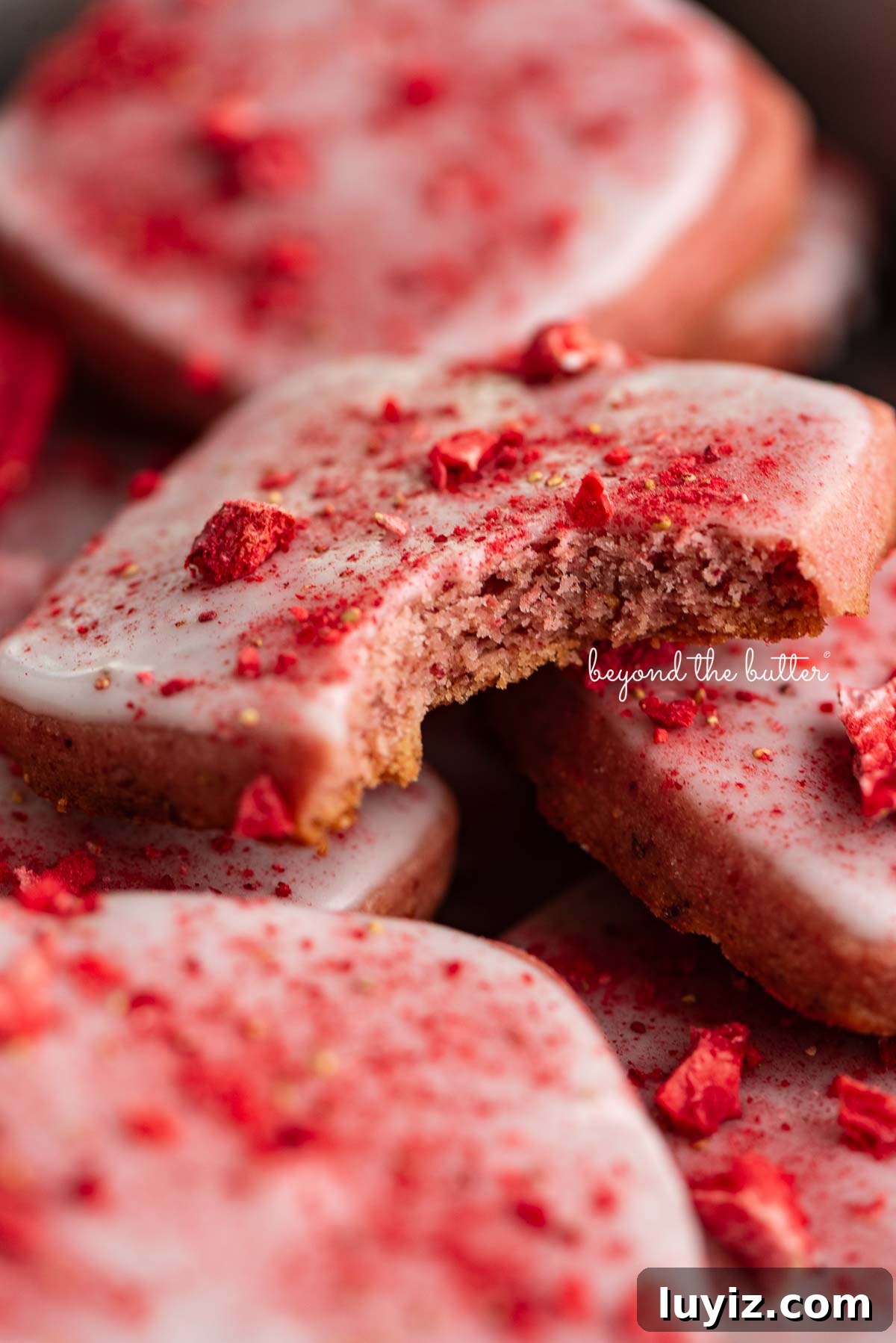 Strawberry Shortbread Cookie Recipe for Tender, Buttery Cookies 2 Strawberry shortbread cookies topped with glaze and freeze-dried strawberry bits randomly placed in a vintage baking tin.