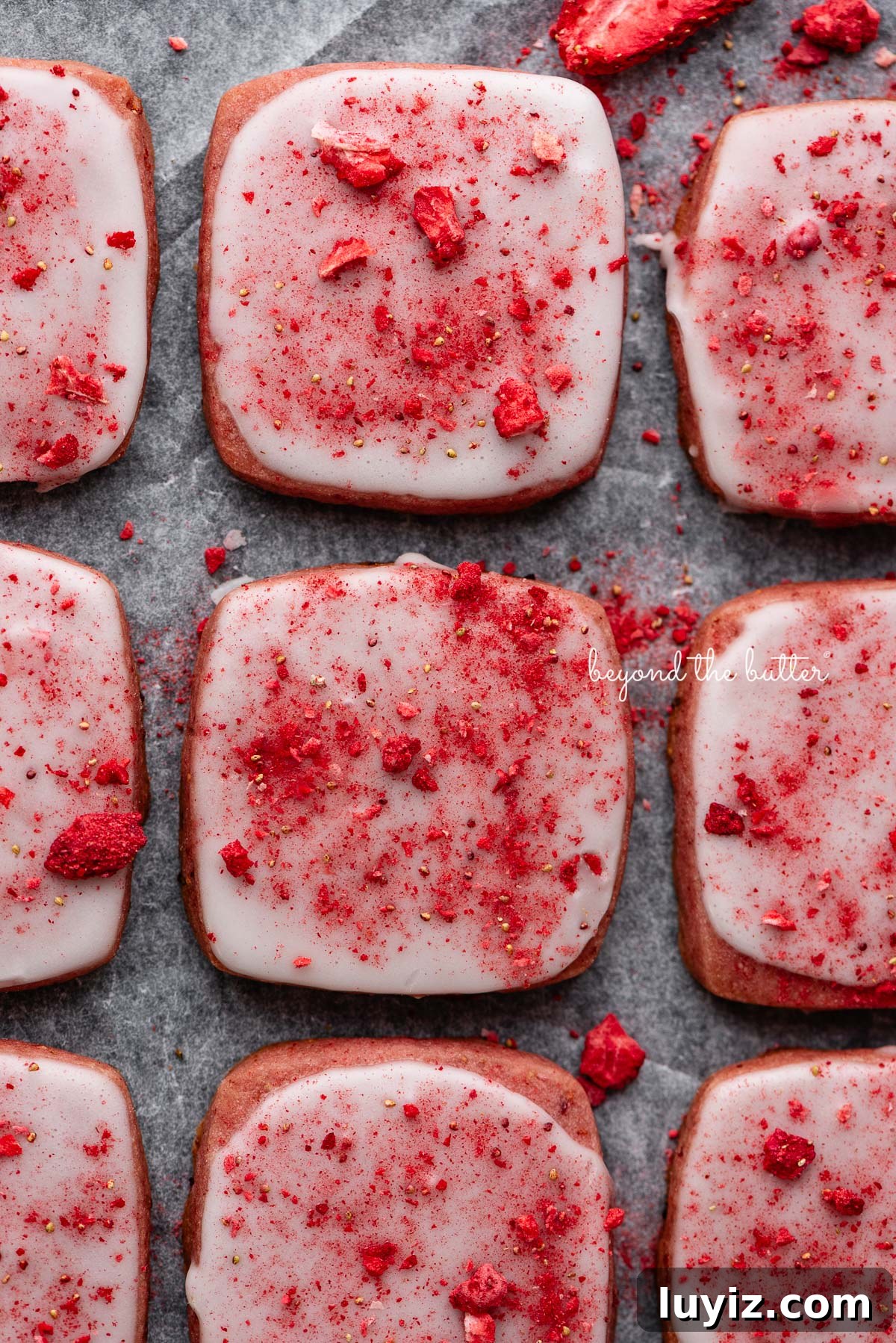 Strawberry Shortbread Cookie Recipe for Tender, Buttery Cookies 3 Rows of strawberry shortbread cookies topped with a powdered sugar glaze and freeze-dried strawberry bits on a parchment paper and black background.