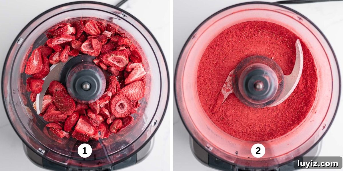 Strawberry Shortbread Cookie Recipe for Tender, Buttery Cookies 5 Processing freeze dried strawberries into a fine powder in a small food processor on a white background.