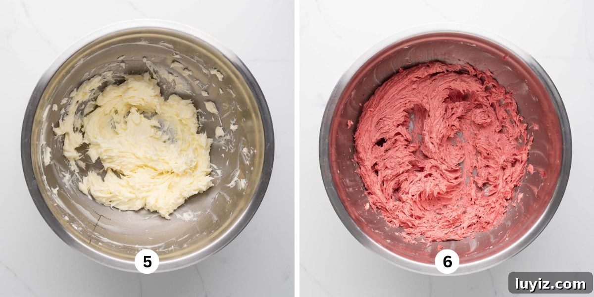 Strawberry Shortbread Cookie Recipe for Tender, Buttery Cookies 7 First image shows beaten butter and powdered sugar together in a stainless steel mixing bowl. Second image shows the mixture with freeze dried strawberry powder and vanilla extract mixed in.