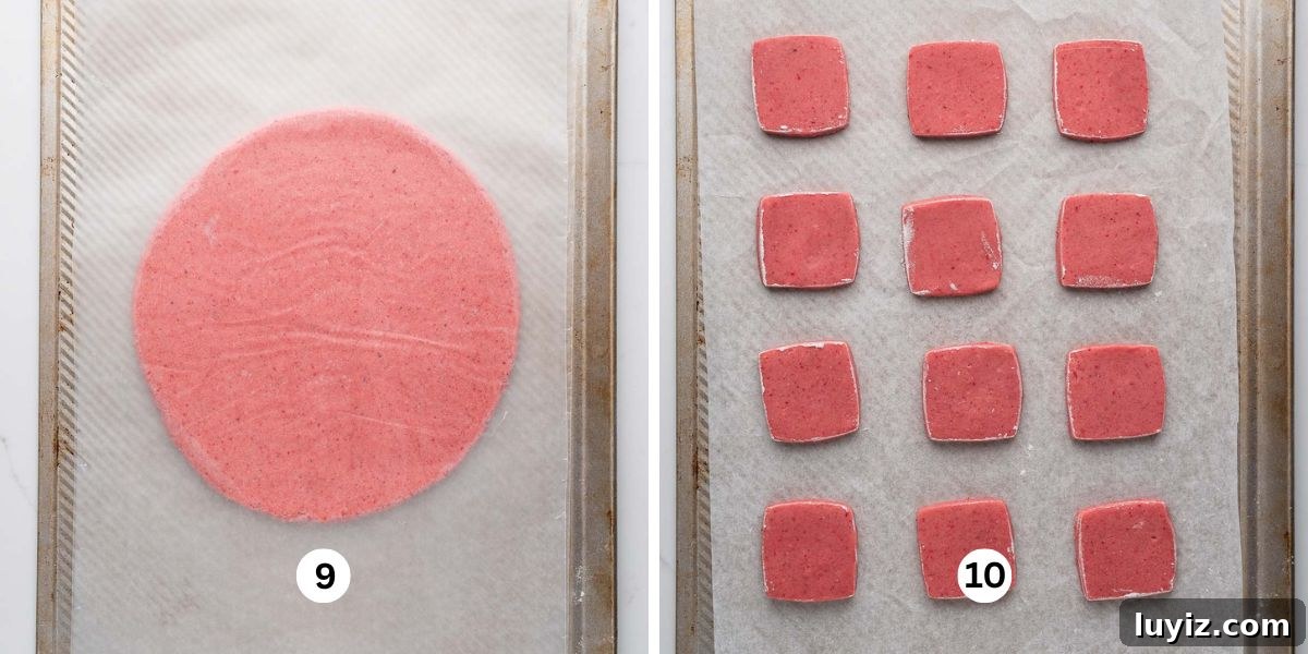 Strawberry Shortbread Cookie Recipe for Tender, Buttery Cookies 9 First image shows rolled out strawberry shortbread cookie dough between two sheets of wax paper on a baking sheet. Second image shows cut out square cookies on a parchment paper lined baking sheet.