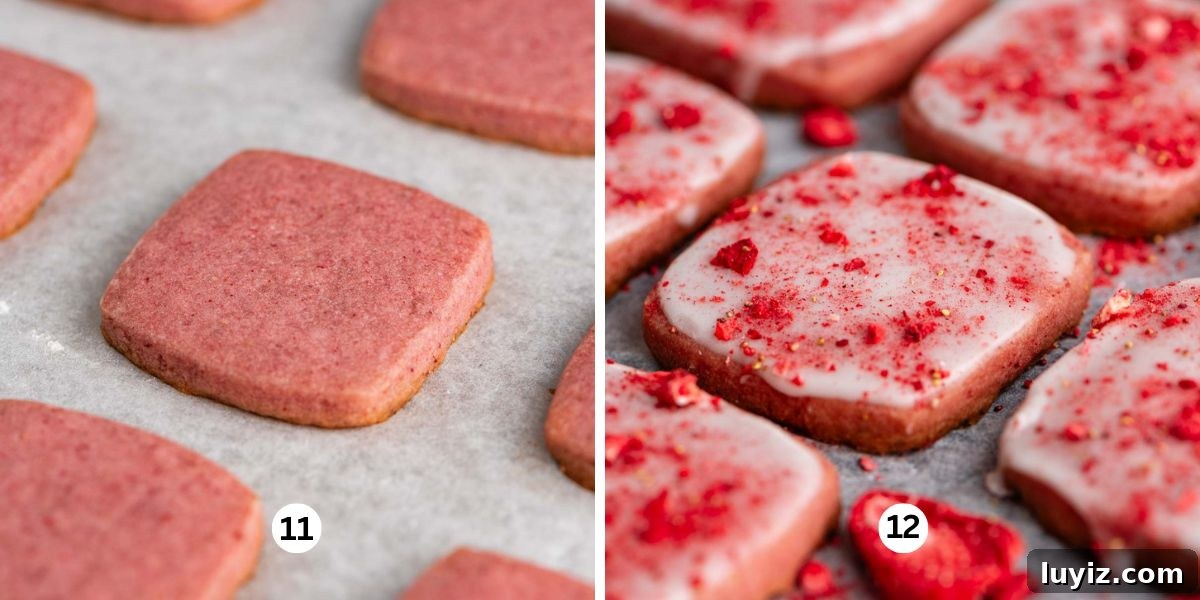 Strawberry Shortbread Cookie Recipe for Tender, Buttery Cookies 10 First image shows plain strawberry shortbread cookies on a parchment paper lined baking sheet. Second image shows the same cookies topped with powdered sugar glaze and bits of freeze dried strawberries.