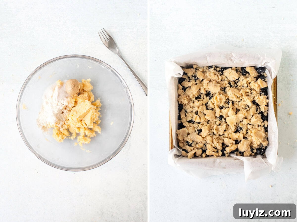 Blueberry Crumble Bars Recipe — Homemade Fruit Dessert Bars 7 Bowl of crumble topping and pan of unbaked blueberry crumb bars