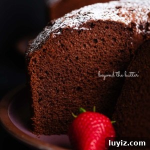Light and Airy Chocolate Chiffon Cake Recipe 11 Chocolate chiffon cake sliced with whole strawberries placed on and in front of a dark purple ceramic plate on a black background.