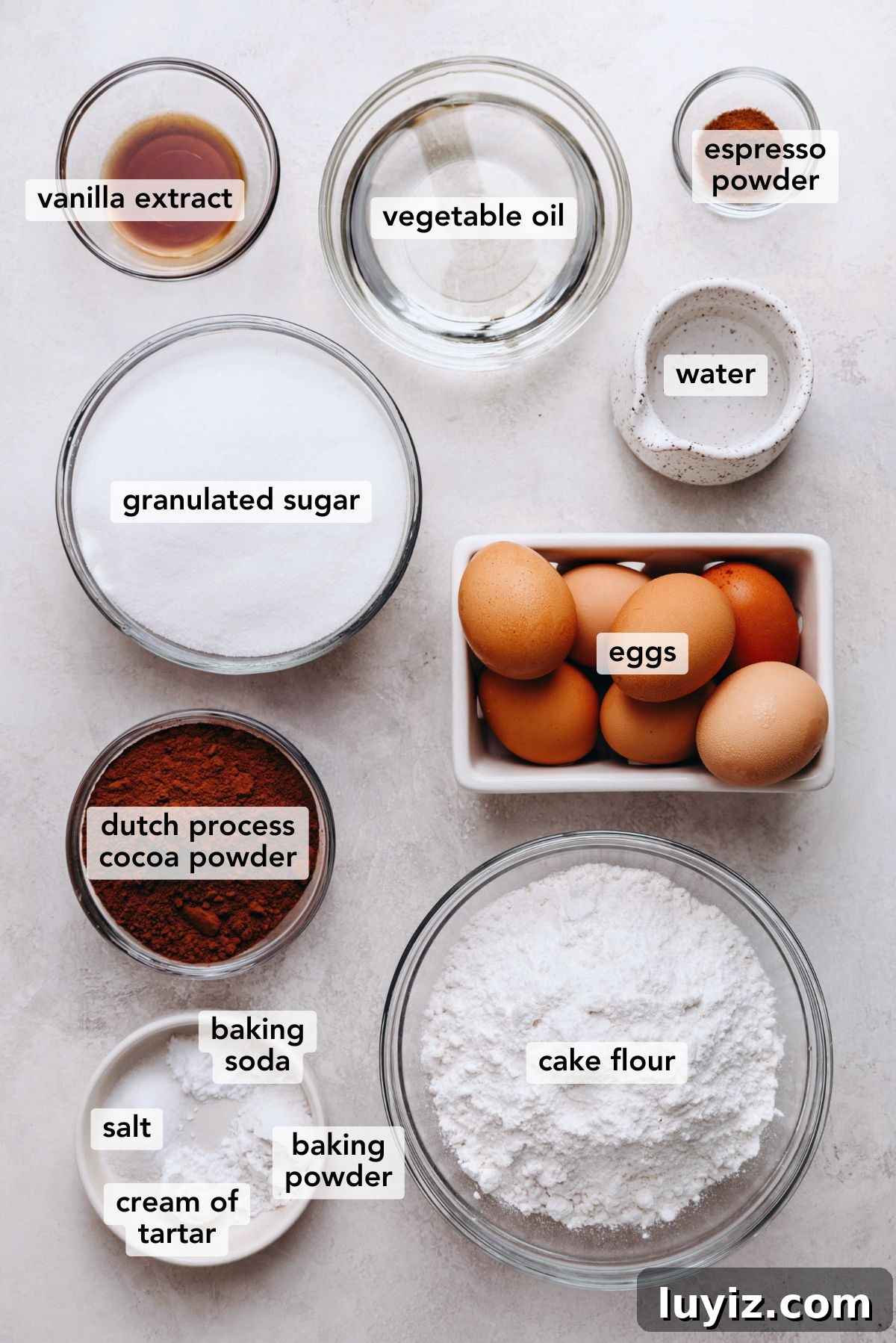 Light and Airy Chocolate Chiffon Cake Recipe 4 Ingredients in various size plates and bowls labeled as vanilla extract, vegetable oil, espresso powder, granulated sugar, water, eggs, dutch process cocoa powder, cake flour, baking soda, baking powder, cream of tartar, and salt on a white marbled background.
