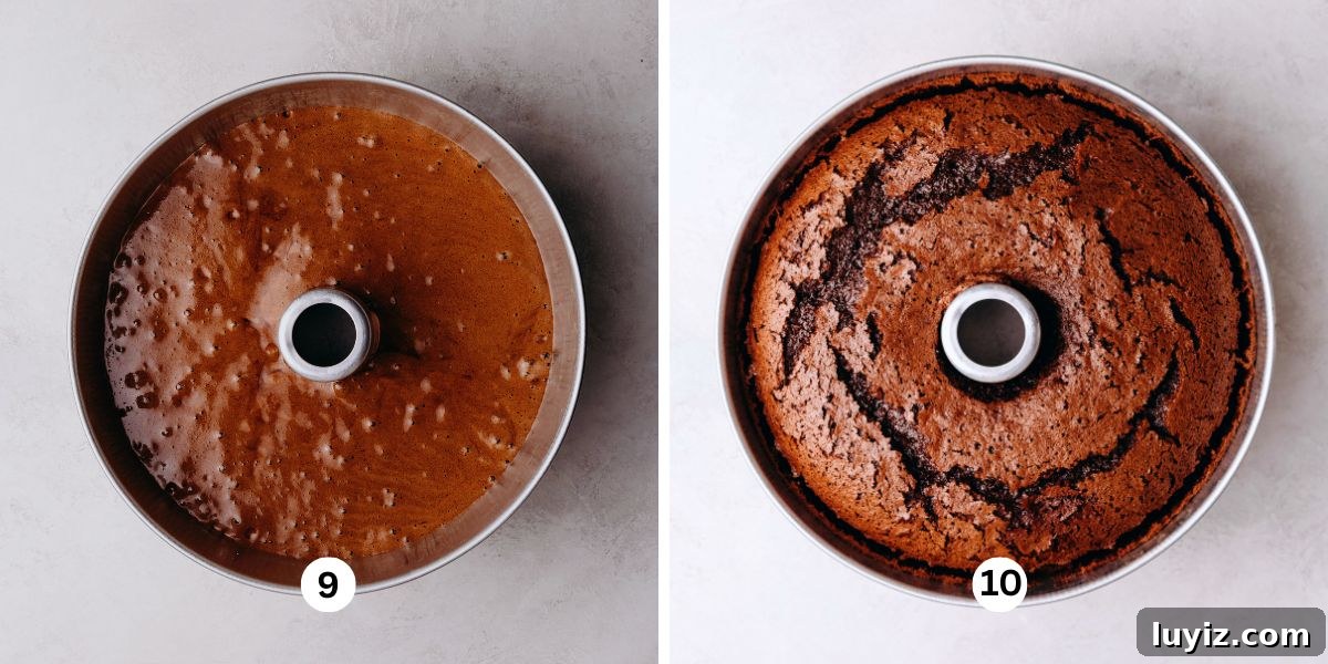 Light and Airy Chocolate Chiffon Cake Recipe 9 Chocolate chiffon cake batter in an aluminum tube pan then baked.
