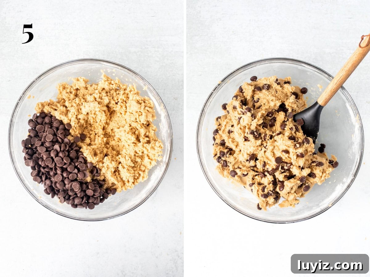 Chewy Thick Chocolate Chip Cookie Recipe for Perfect Results 5 Bowl of cookie dough with chocolate chips added into the bowl, and bowl of cookie dough with chocolate chips mixed in