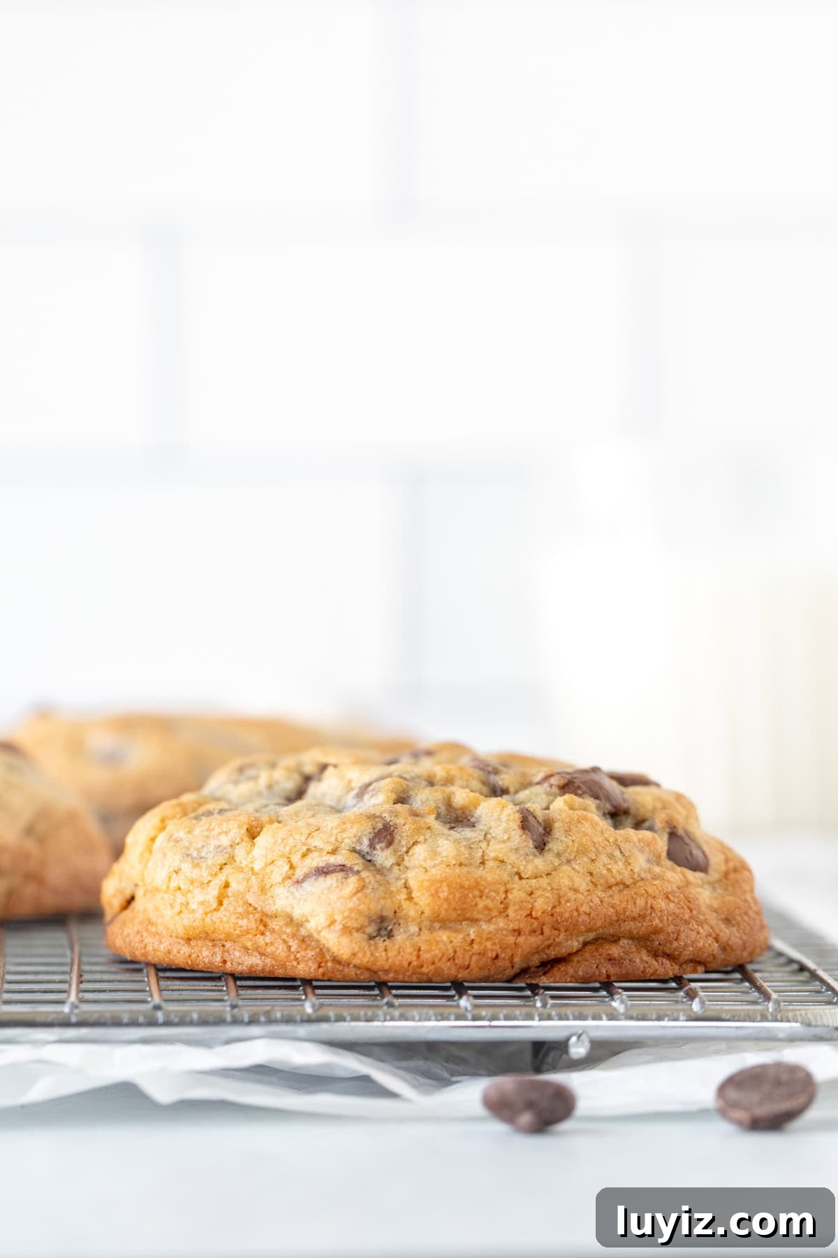 Chewy Thick Chocolate Chip Cookie Recipe for Perfect Results 6 Thick and chunky chocolate chip cookies on a cooling rack