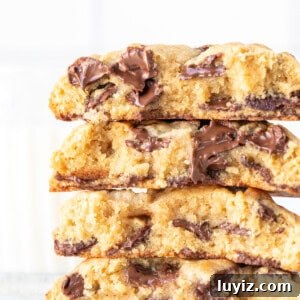 Chewy Thick Chocolate Chip Cookie Recipe for Perfect Results 8 Stack of 4 half cookies