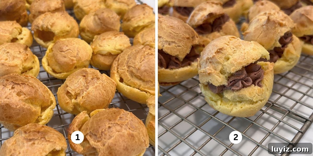 How to Make Classic Cream Puffs: Puff Pastry Filled with Vanilla Cream 12 Sliced cream puffs filled with piped chocolate whipped cream on a cooling rack.