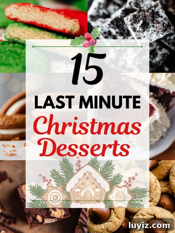 How to Make Classic Cream Puffs: Puff Pastry Filled with Vanilla Cream 14 Six images of different desserts with center text that reads 15 last minute Christmas desserts on a faded white background with black and red lettering.