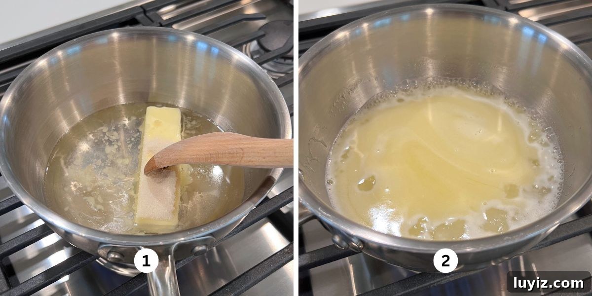 How to Make Classic Cream Puffs: Puff Pastry Filled with Vanilla Cream 5 Melting butter, sugar, salt, and water together in a medium size stainless steel saucepan over a cooktop.