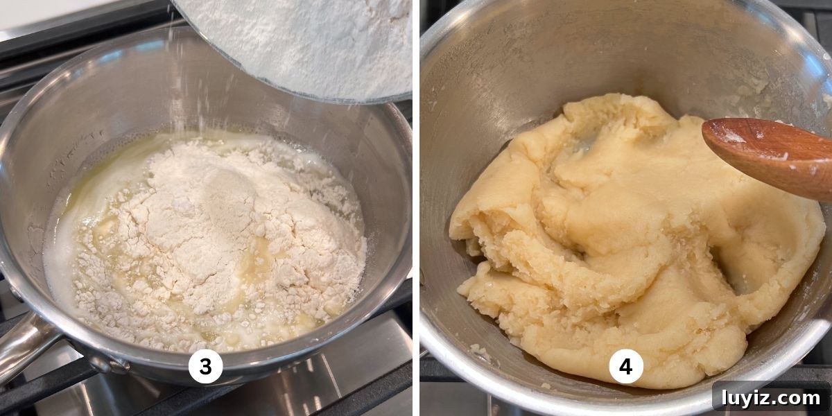 How to Make Classic Cream Puffs: Puff Pastry Filled with Vanilla Cream 6 Adding flour to choux pastry mixture using a wooden spoon in a medium-size stainless steel sauce pan over a cooktop.
