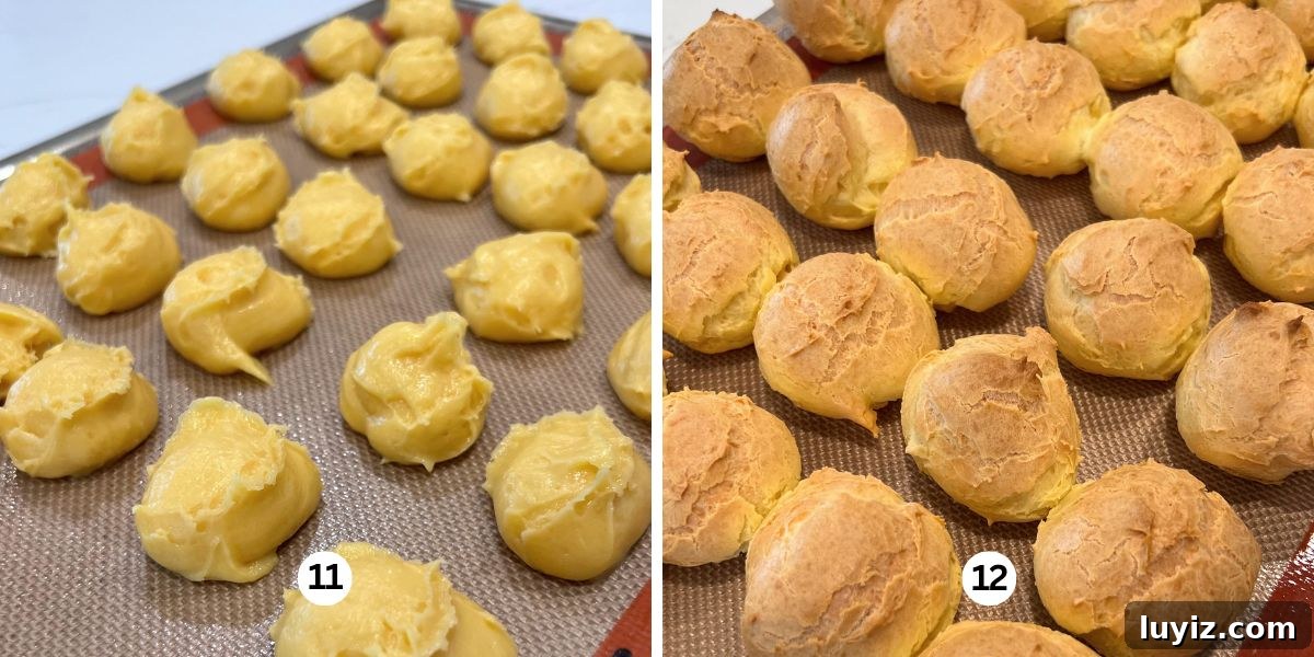 How to Make Classic Cream Puffs: Puff Pastry Filled with Vanilla Cream 10 Baking cream puffs spaced about one inch apart on a silicone lined cookie sheet.