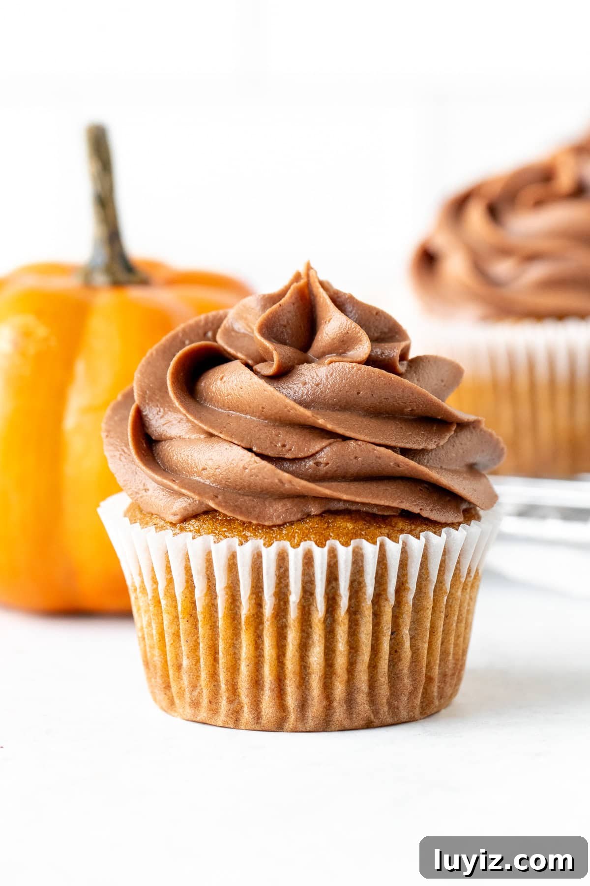 Nutella-Stuffed Pumpkin Cupcakes with Cream Cheese Frosting 3 Pumpkin cupcake frosted with Nutella frosting beside a small pumpkin