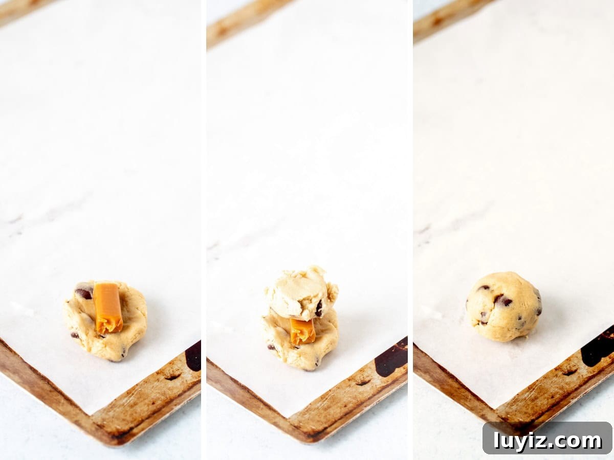 Chewy Caramel Chocolate Chip Cookies Recipe for Perfect Bakes 5 Process of making a caramel stuffed chocolate chip cookie dough ball