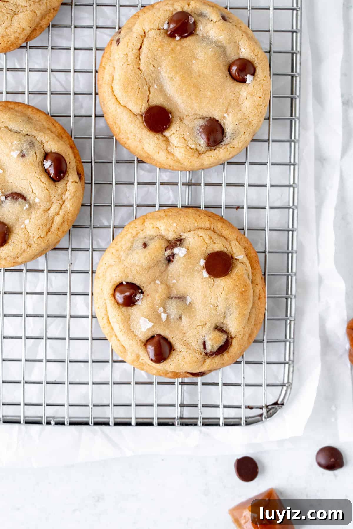 Chewy Caramel Chocolate Chip Cookies Recipe for Perfect Bakes 6 Chocolate chip cookies stuffed with caramel on a cooling rack