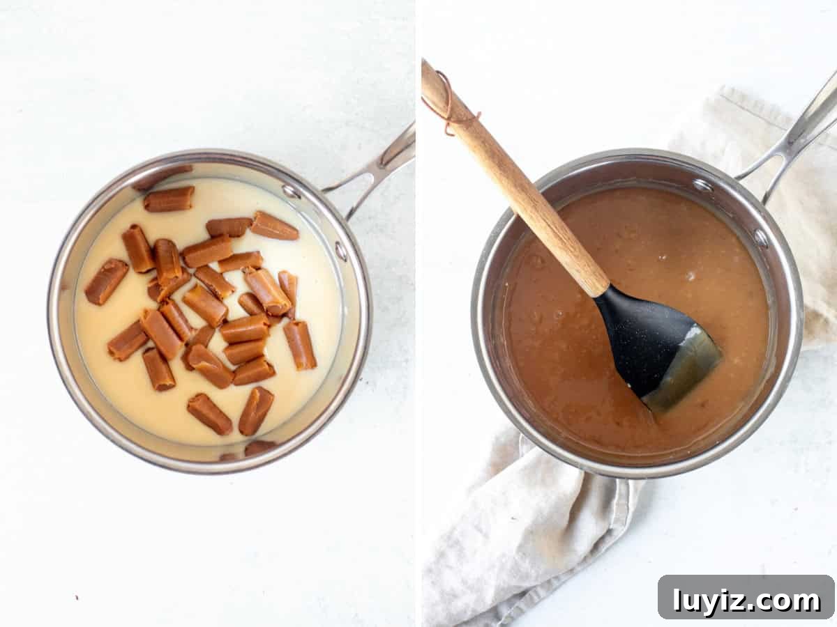 Salted Caramel Brownies with Gooey Chocolate Swirls 4 Saucepan of caramels and sweetened condensed milk, and saucepan of caramel sauce.