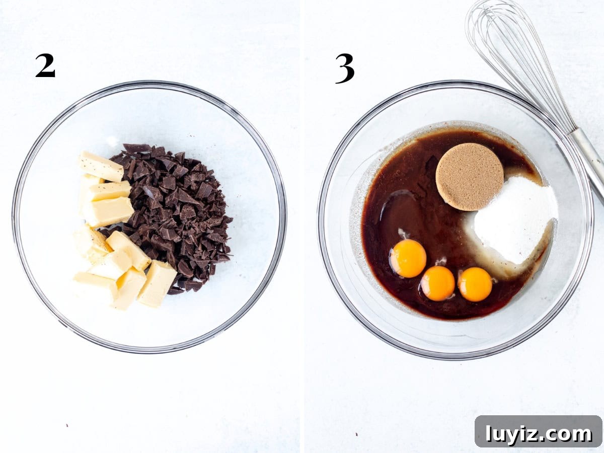 Salted Caramel Brownies with Gooey Chocolate Swirls 5 Bowl of chopped chocolate and butter and bowl of melted chocolate and butter with eggs and sugars added
