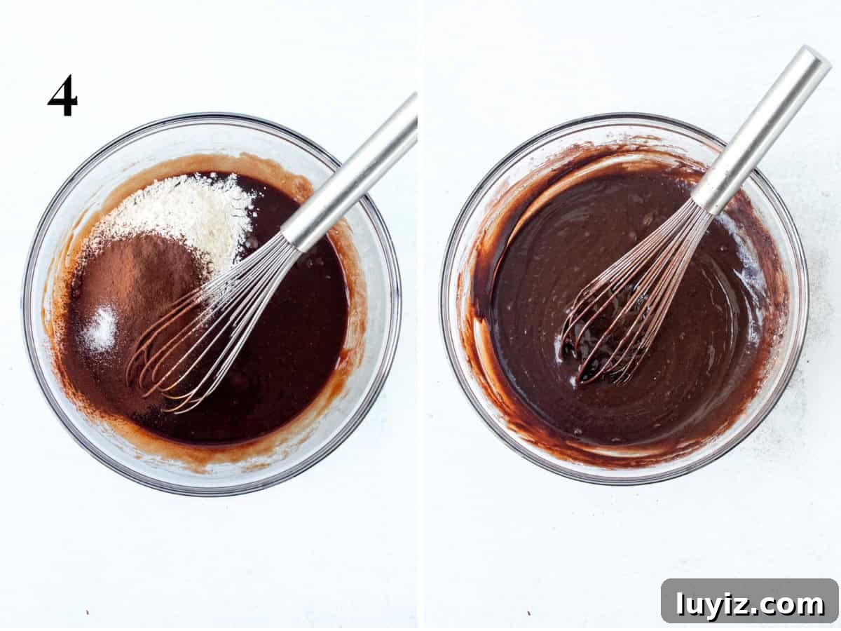 Salted Caramel Brownies with Gooey Chocolate Swirls 6 Bowl of brownie batter with flour and cocoa added, and bowl of brownie batter