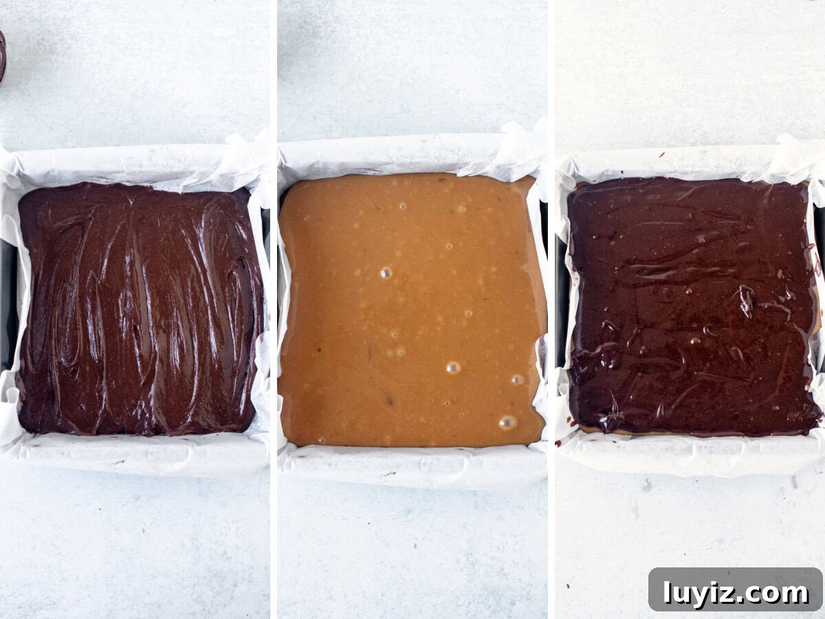 Salted Caramel Brownies with Gooey Chocolate Swirls 7 3 photos showing how to assemble caramel stuffed brownies