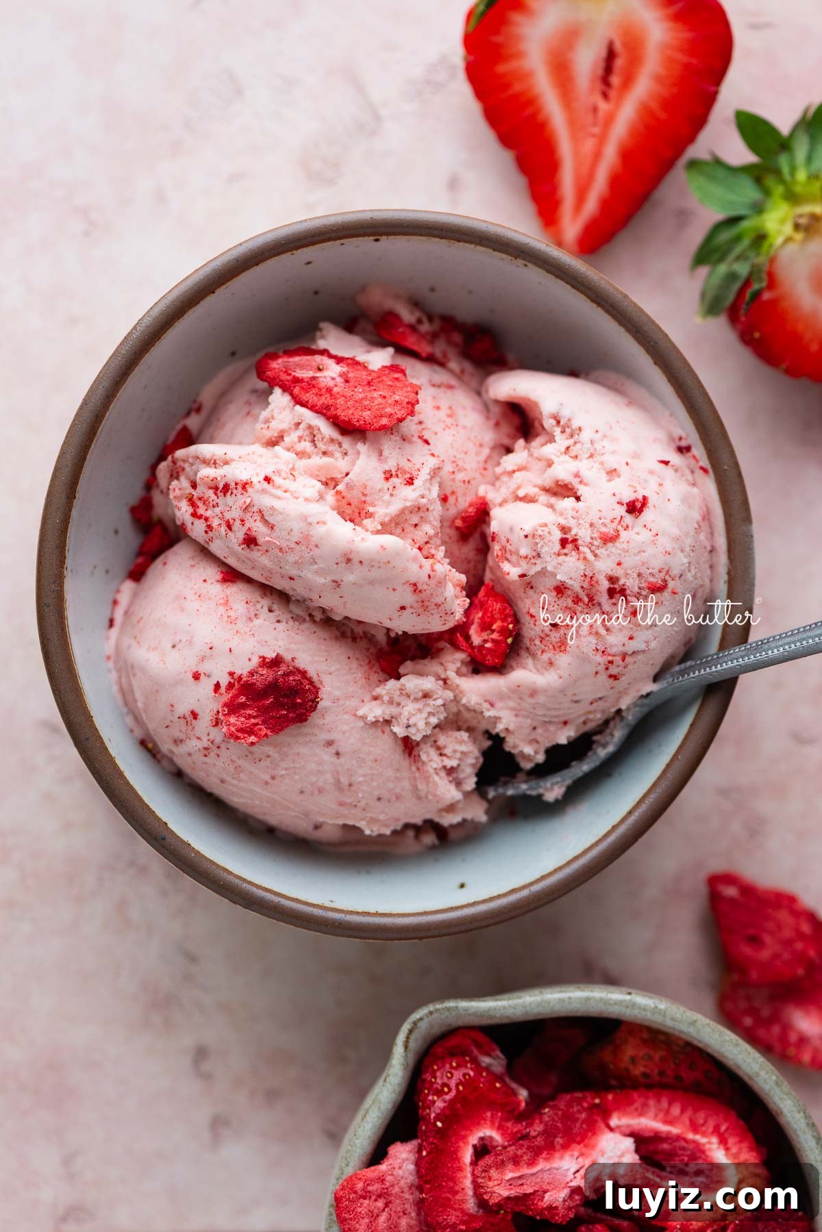 Creamy Homemade Strawberry Ice Cream Recipe You’ll Love 11 Small while ceramix bowl with homemade strawberry ice cream topped with bits of freeze-dried strawberries with a small bowl of freeze-dried strawberries and fresh strawberries surrounding it on a pink tiled background.