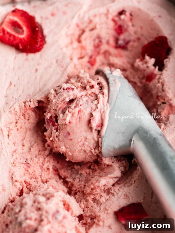 Creamy Homemade Strawberry Ice Cream Recipe You’ll Love 12 Container of strawberry ice cream with a scoop taken out using a stainless steel ice cream scoop.