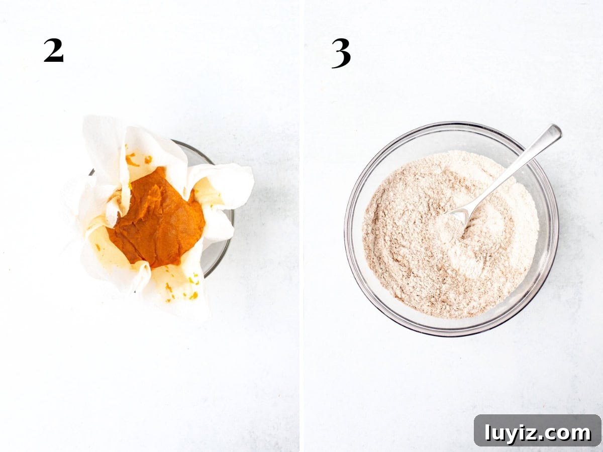 Pumpkin Oatmeal Cream Pies Recipe — Cozy Fall Dessert 4 Bowl of pumpkin puree, squeezed dry and bowl of flour and spices whisked together.