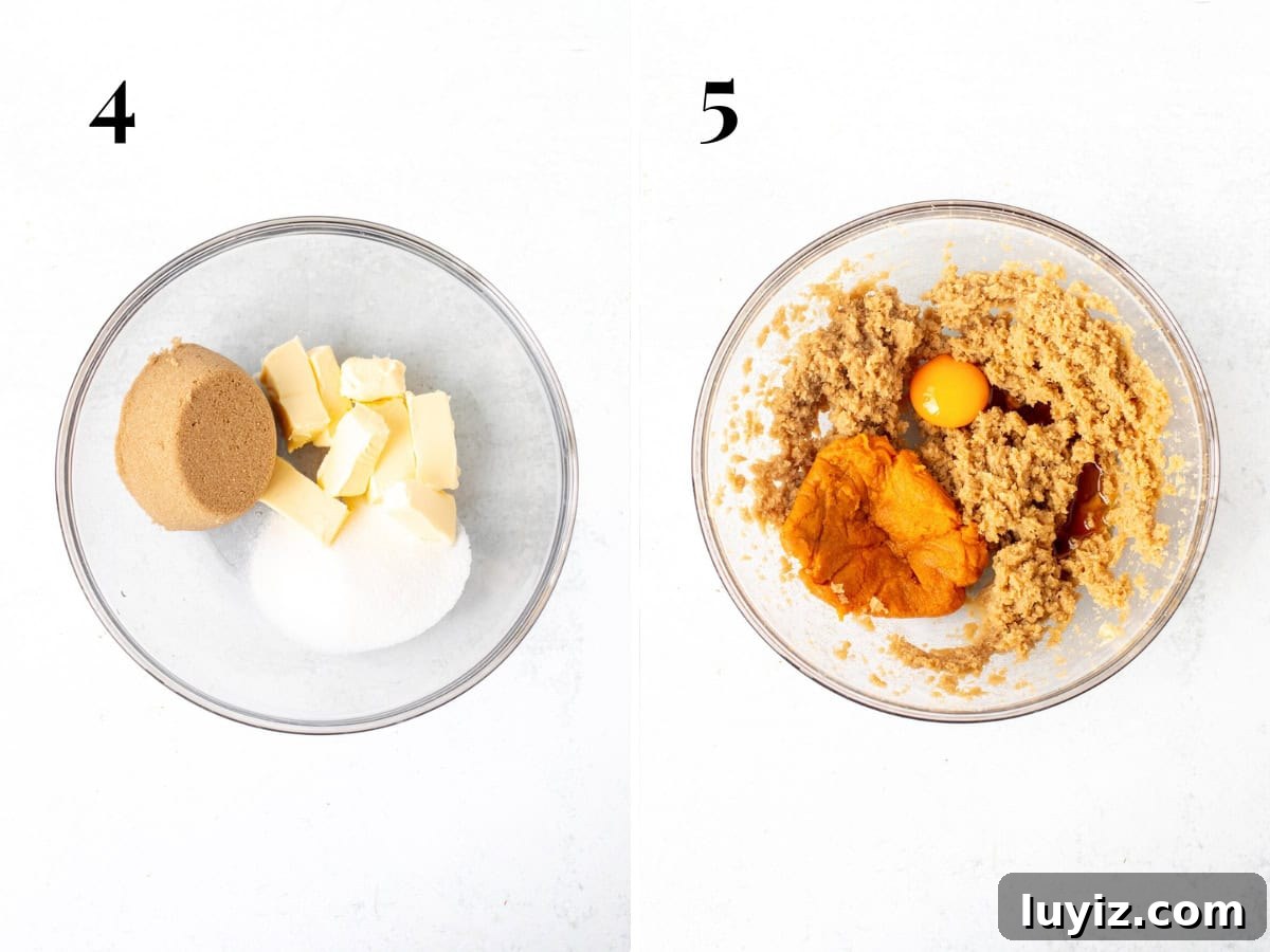 Pumpkin Oatmeal Cream Pies Recipe — Cozy Fall Dessert 5 Bowl of butter, brown sugar and granulated sugar, and bowl of creamed butter and sugars with pumpkin puree and egg yolk added.