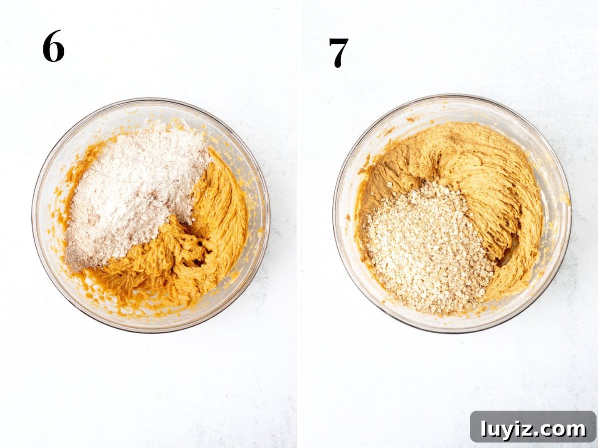 Pumpkin Oatmeal Cream Pies Recipe — Cozy Fall Dessert 6 Bowl of pumpkin cookie dough with dry ingredients added into the bowl, and bowl of pumpkin cookie dough with oats added into the bowl.