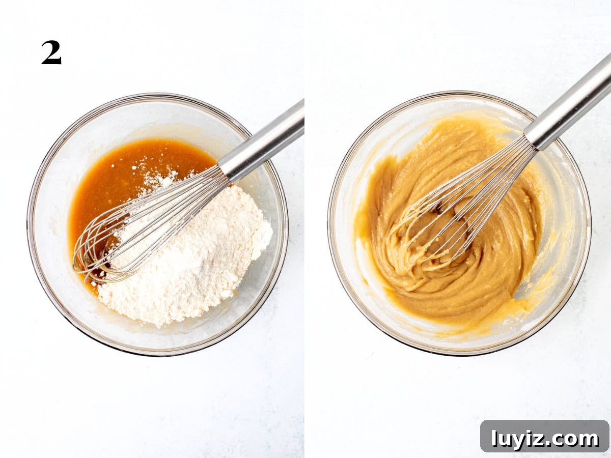 Cinnamon Roll Blondies Recipe — Gooey Swirl Dessert Bars 4 Bowl with dry ingredients added to butter and sugar mixture and bowl of blondie batter