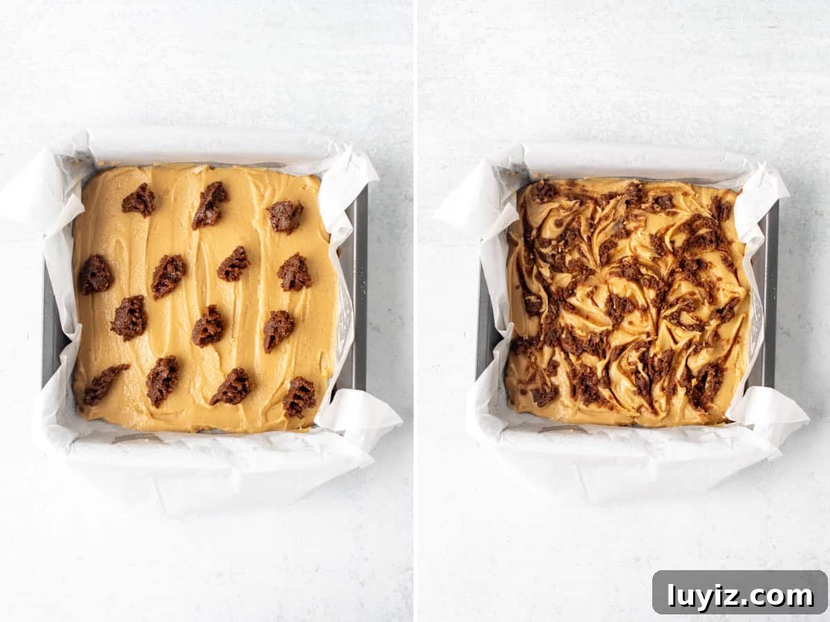 Cinnamon Roll Blondies Recipe — Gooey Swirl Dessert Bars 5 Cinnamon sugar being swirled into blondie batter