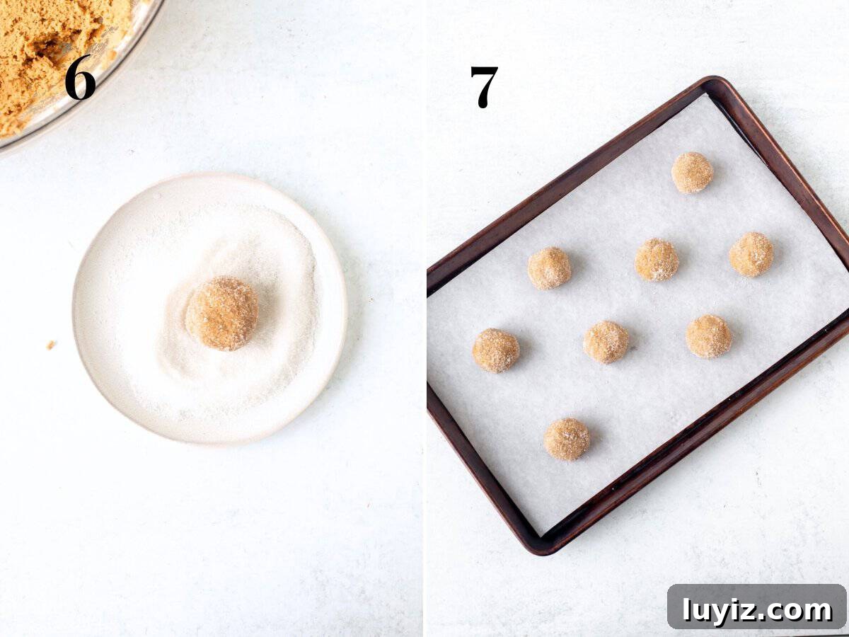 Chewy Brown Sugar Cookies Recipe for Soft, Caramelized Flavor 6 Cookie dough ball rolled in sugar on a plate, and cookie dough balls on lined cookie sheet.