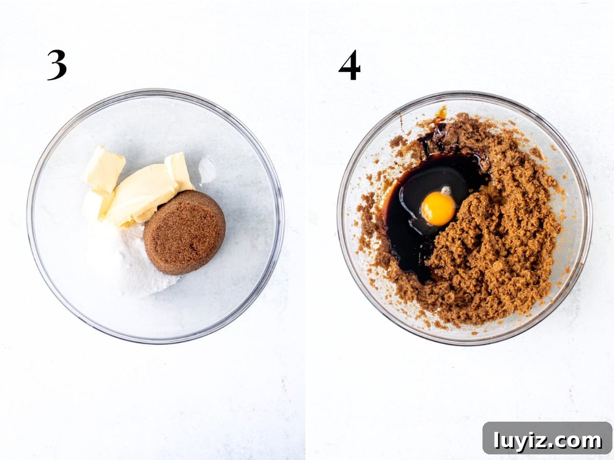 Gingerbread Oatmeal Cream Pies Recipe — Soft Spiced Sandwich Cookies 4 Bowl of butter and sugars, and bowl of butter and sugars creamed together with molasses, egg and vanilla extract added.
