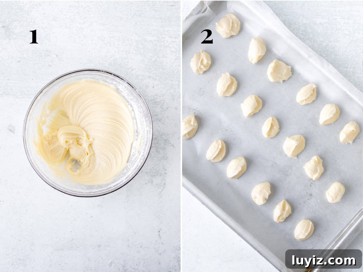 Red Velvet Cheesecake Cookies Recipe — Soft, Cream Cheese Swirl 4 Bowl of cheesecake filling and cream cheese dollops on lined cookie sheet
