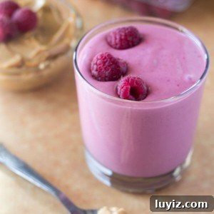 Peanut Butter & Raspberry Jelly in delicious smoothie form! Plus it's dairy free, vegan & has no refined sugars!