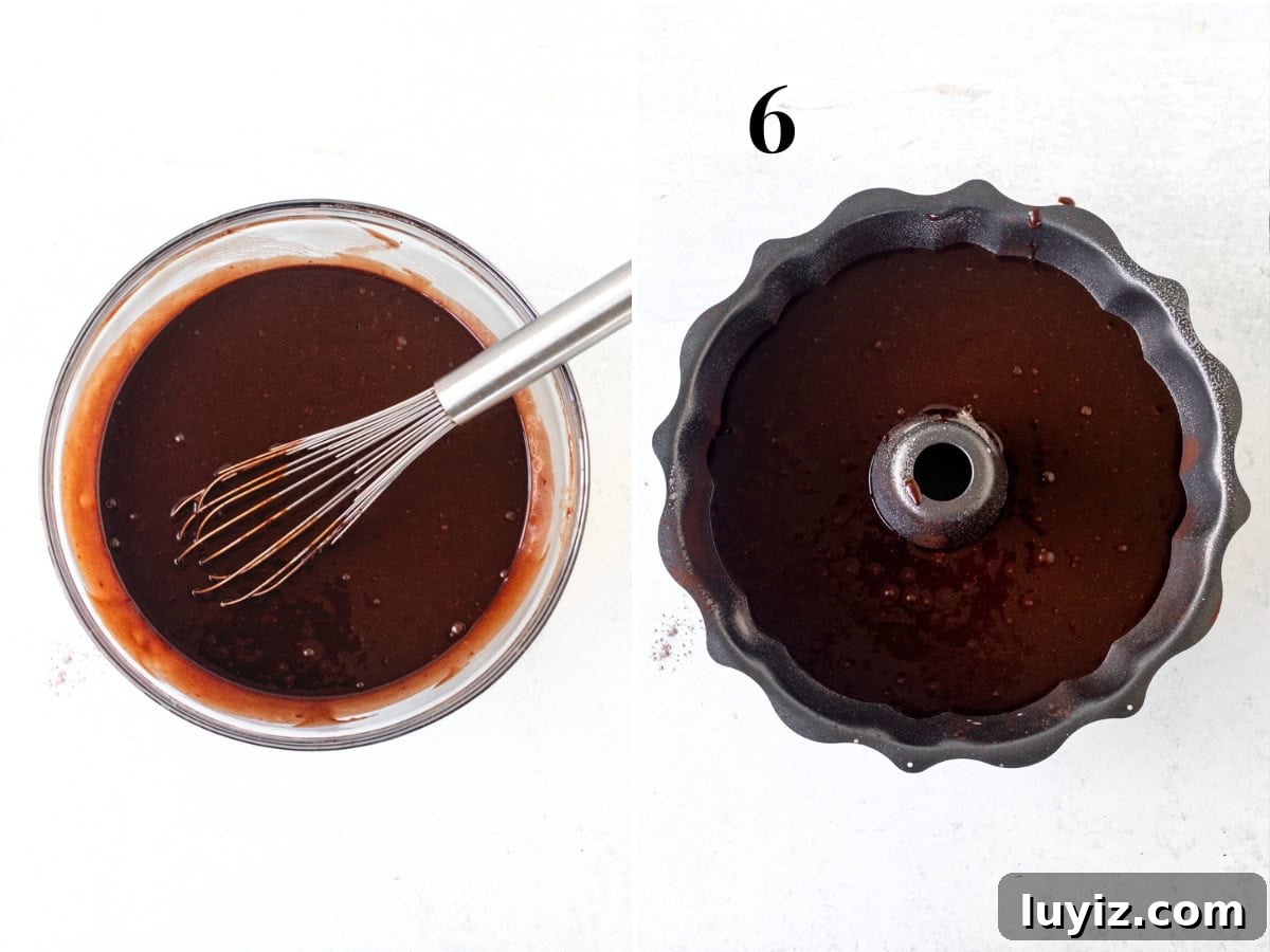 Peppermint Chocolate Bundt Cake Recipe with Frosted Cocoa Glaze 6 Bowl of chocolate cake batter and bowl of chocolate cake batter in bundt pan.