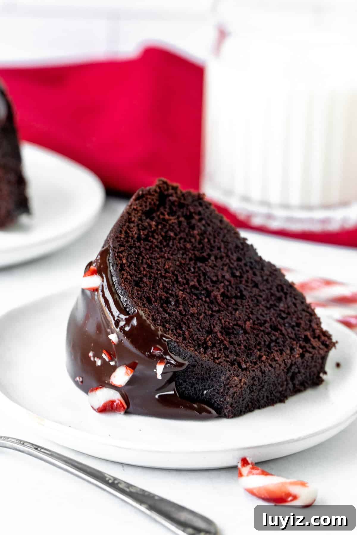 Peppermint Chocolate Bundt Cake Recipe with Frosted Cocoa Glaze 8 Slice of chocolate candy cane bundt cake with chocolate topping on a plate