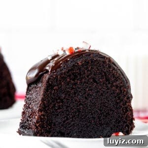 Peppermint Chocolate Bundt Cake Recipe with Frosted Cocoa Glaze 9 Slice of chocolate peppermint bundt cake