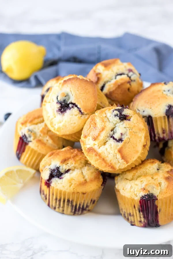 Lemon Blueberry Muffins with Zesty Glaze recipe 3 A plate of lemon blueberry muffins with golden tops and tons of blueberries.