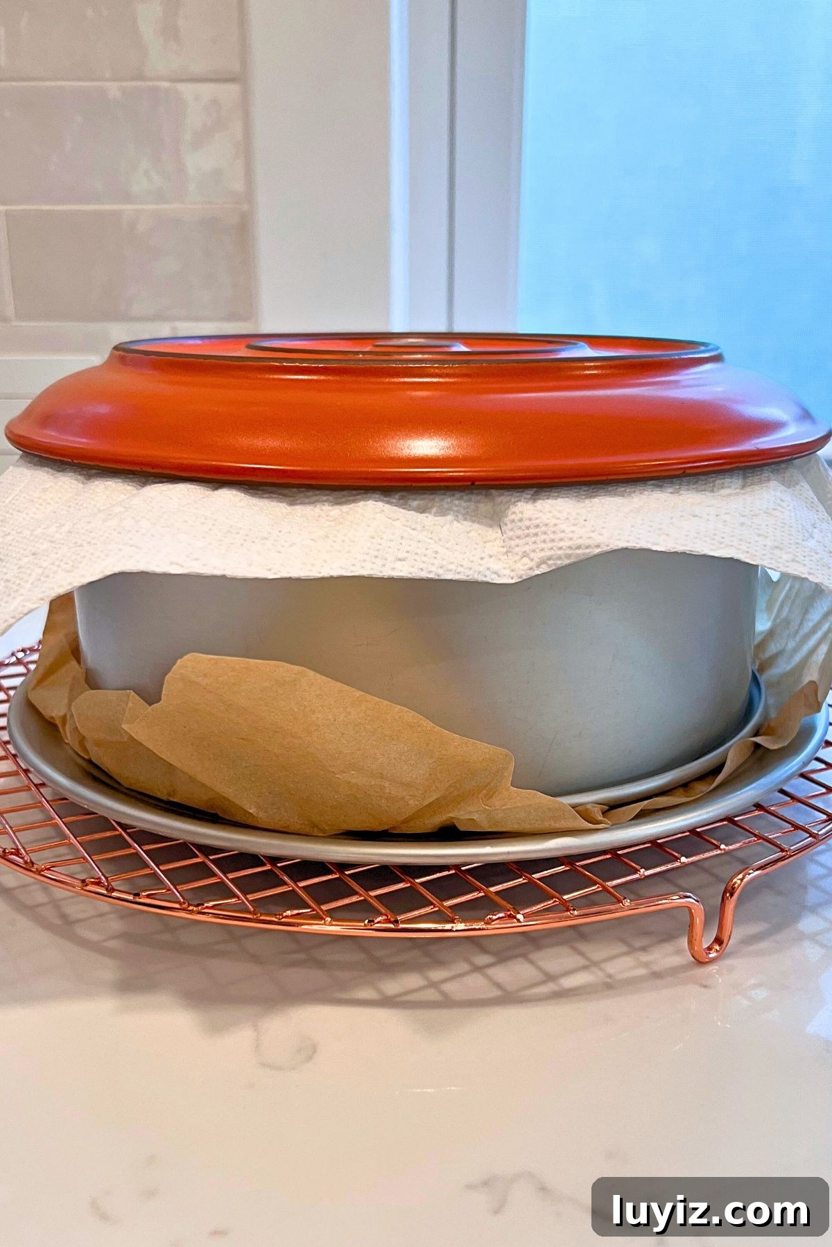 Creamy Pumpkin Cheesecake Recipe for Fall Desserts 18 Pumpkin cheesecake on a round wire cooling rack covered with a paper towel and an orange dinner plate placed upside down.