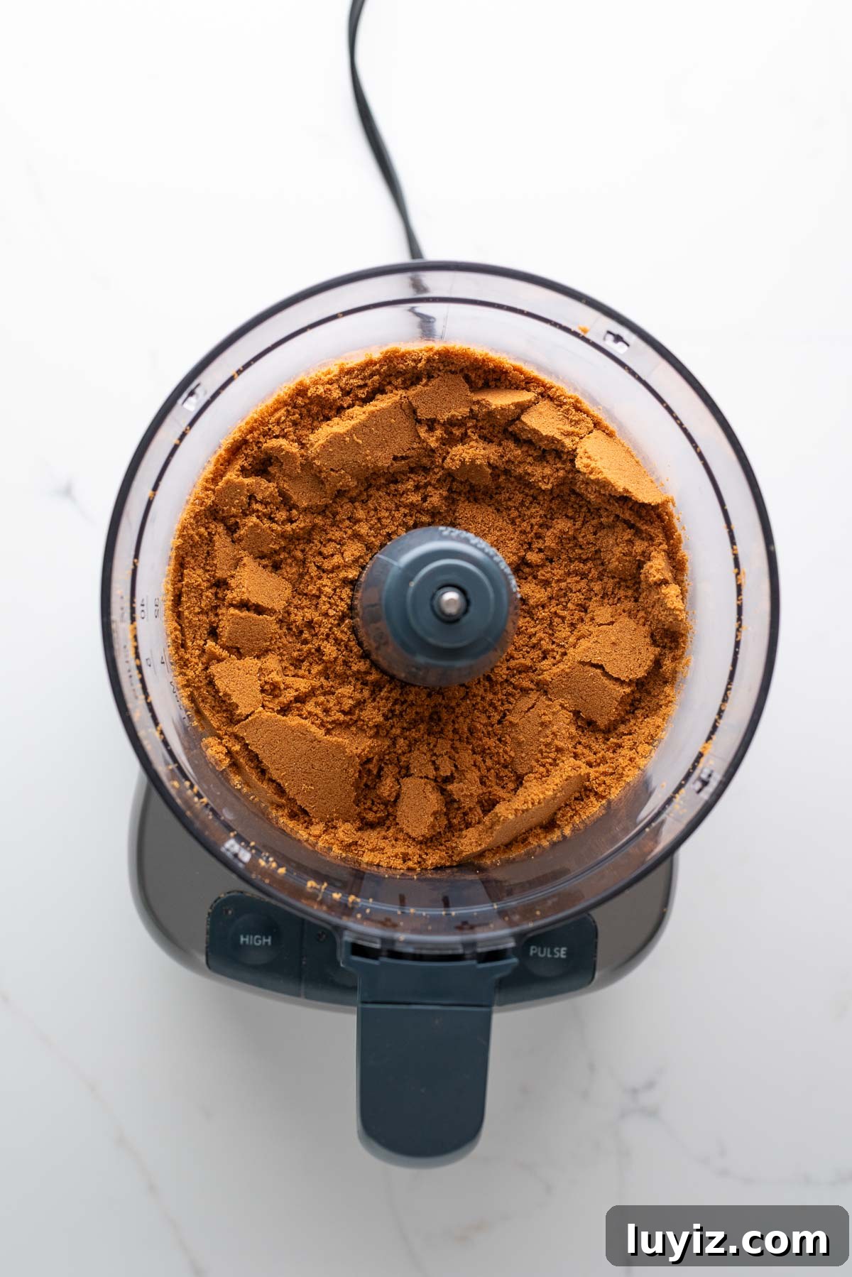 Creamy Pumpkin Cheesecake Recipe for Fall Desserts 6 Fine speculoos cookie crumbs processed in a food processor on a white marbled background.