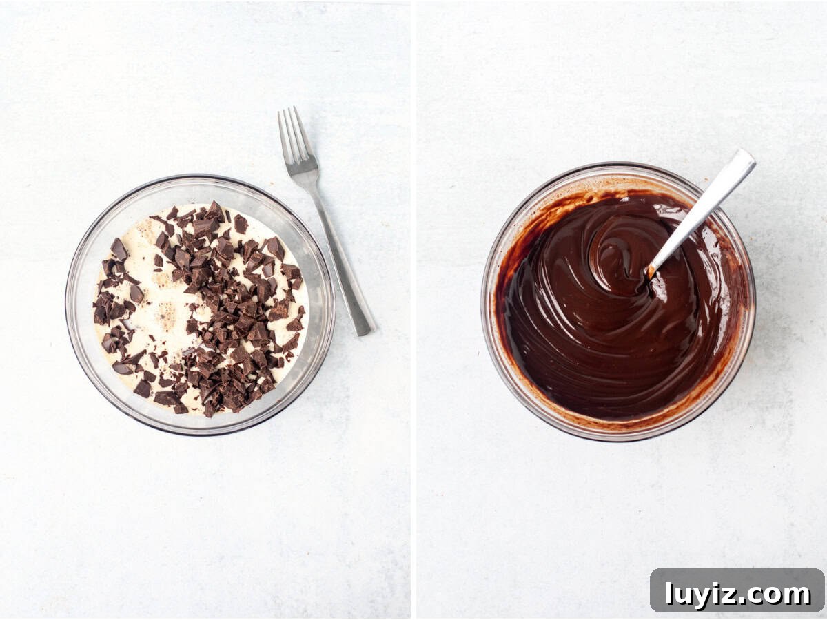Chocolate Thumbprint Cookies with Gooey Jam Centers 7 Bowl of chopped chocolate and cream, and bowl of chocolate ganache