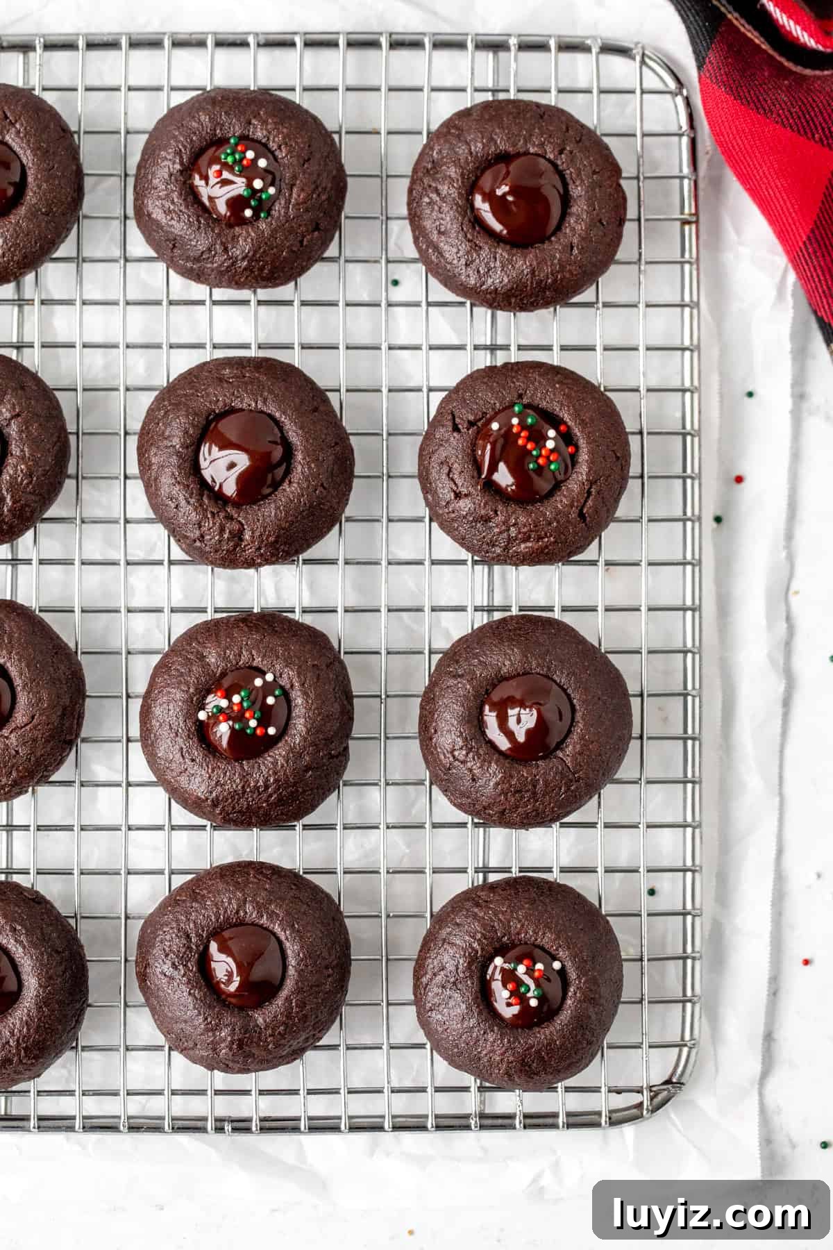 Chocolate Thumbprint Cookies with Gooey Jam Centers 8 Chocolate thumbprint cookies on a cooling rack